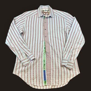 Robert Graham Contrast Trim‎ Button Down Shirt Chain Stripe Dobby Weave Mens M